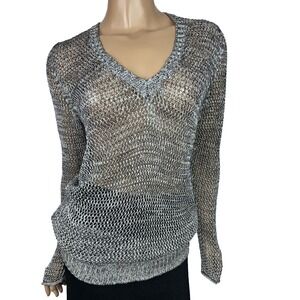 Chico's Open Weave Sweater Sz 1/ M Black & White Variagated Pattern Long Sleeve